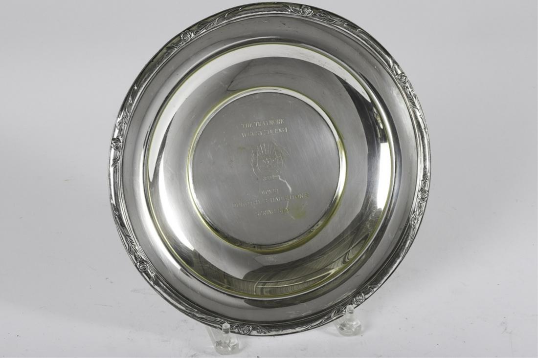 1964 THE TRAYMORE WON BY DOROTHY HAUGHTON'S: Spring Sun. August 20, 1964. Atlantic City Racing Association. Presentation silver plated charger with rose embossed rim by Gorham. 10 3/4 inches