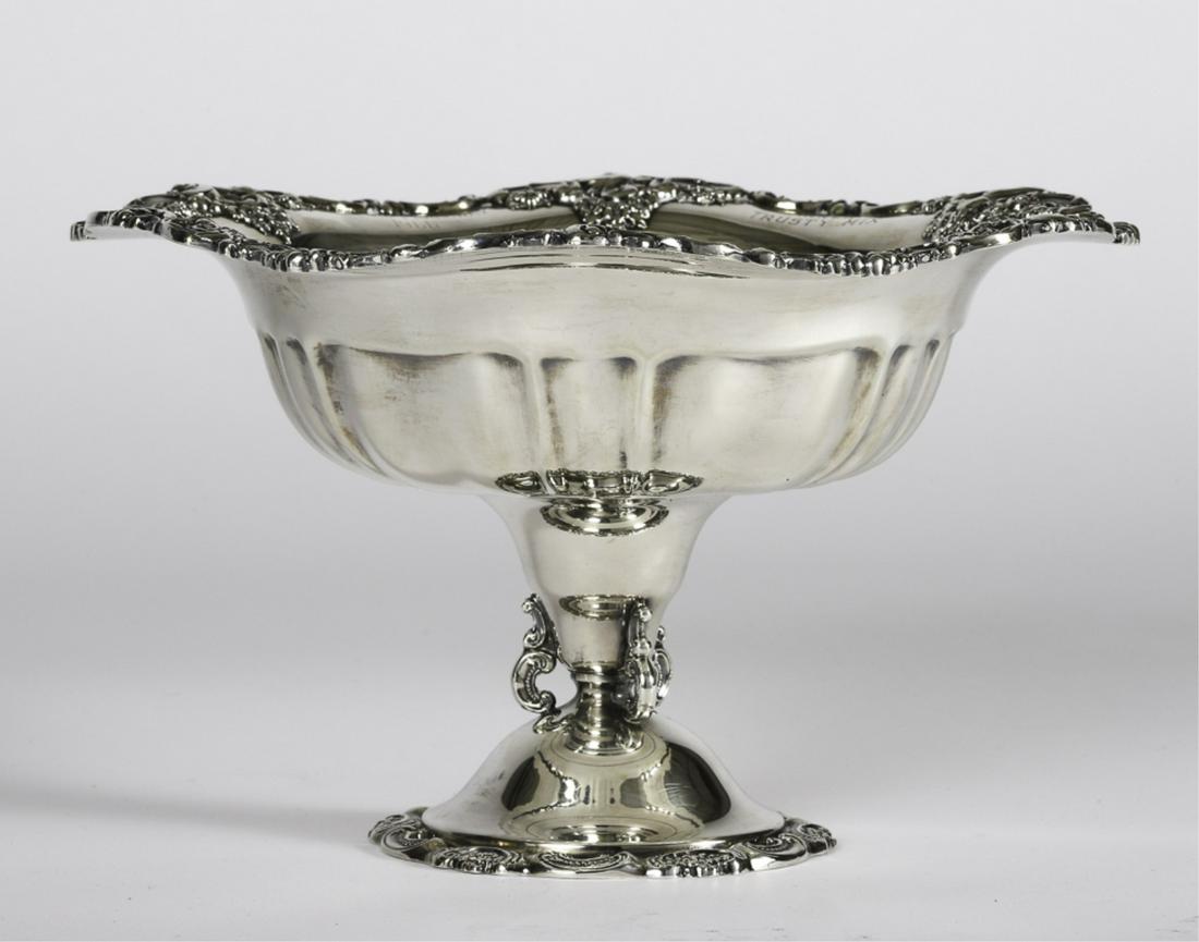 1966 ROSECROFT RACEWAY "THE GOVERNOR'S CUP": (3) Year Old Trot. Winner "Trusty Mix" "Baroque" compote by Wallace with shaped rim and foot embossed with rococo style scrolls and florets . silver over copper 7 1/2 x 11 inches.