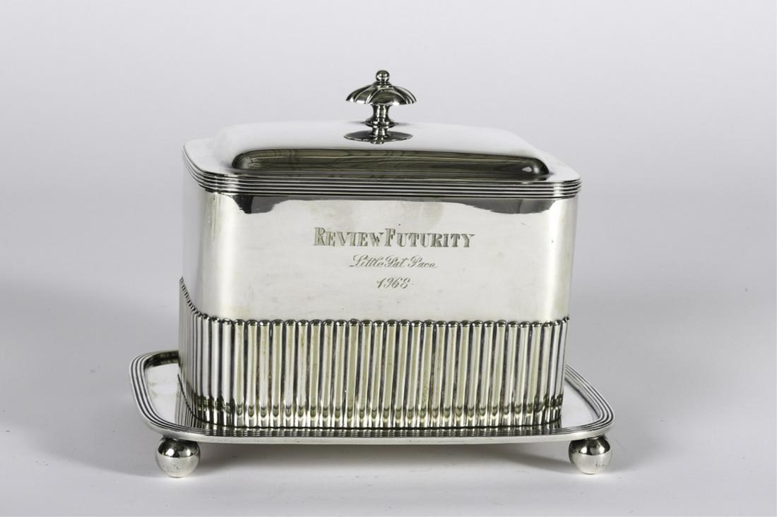 1968 LITTLE PAT PACE "REVIEW FUTURITY" TROPHY: William Hutton & Sons Sheffield silver plated biscuit box. signed. 6 x 8 x 6 inches.