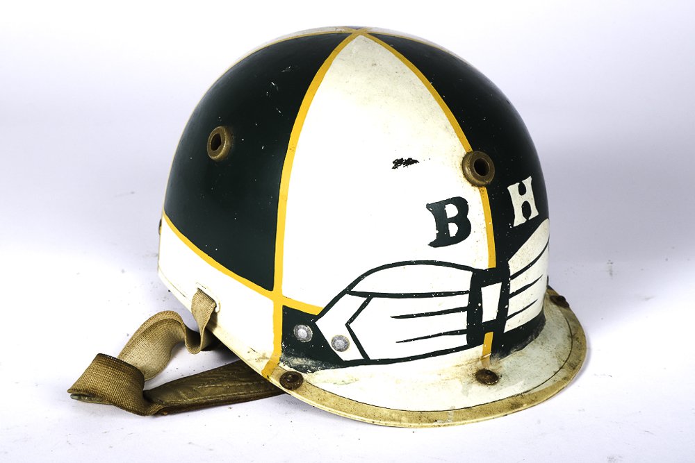 EARLY BILLY HAUGHTON PYTCHLEY DRIVING HELMET: Hand painted "B.H." with bow and white and green panels outlined in yellow.