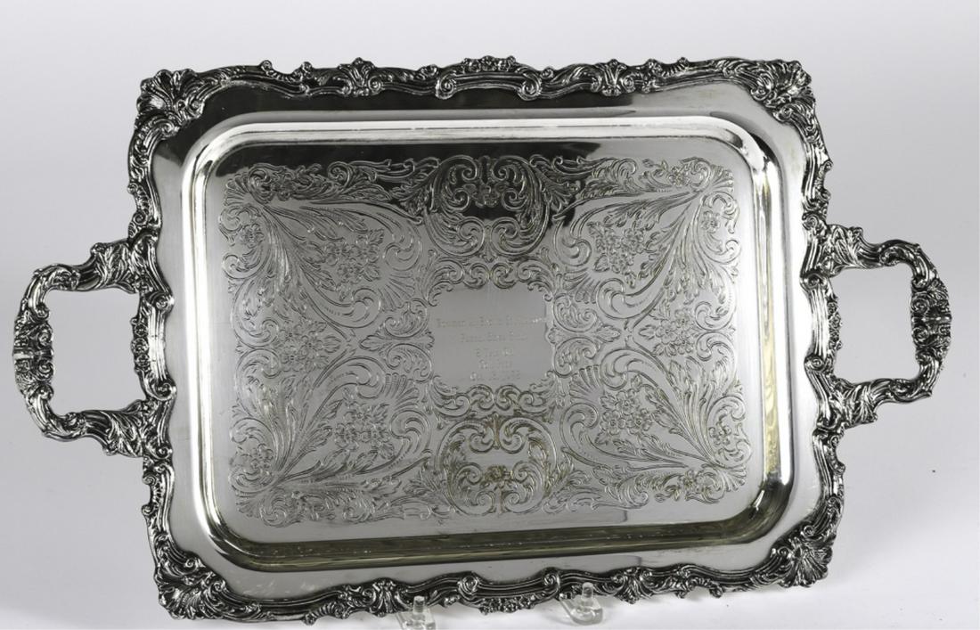 1972 BOWMAN A BROWN SR. MEMORIAL PA SIRES STAKE: 2 Year Old Colt Pace. October 13, 1972. Sheridan Silver Plated Presentation Tray embossed with acanthus leaves. Rim and handles deeply cast with rococo scrolls and florets. 13 1/2 x 23 inches
