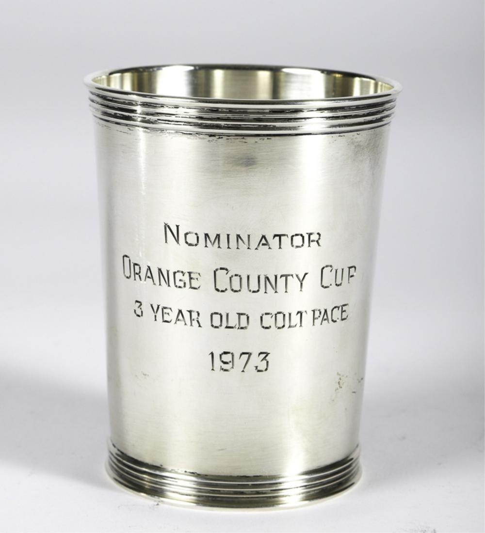 1973 NOMINATOR ORANGE COUNTY CUP: 3 Year Old Colt Pace. Presentation sterling silver julep cup by Trees Silver Co. 3 3/4 inches. 4.23 troy ounces