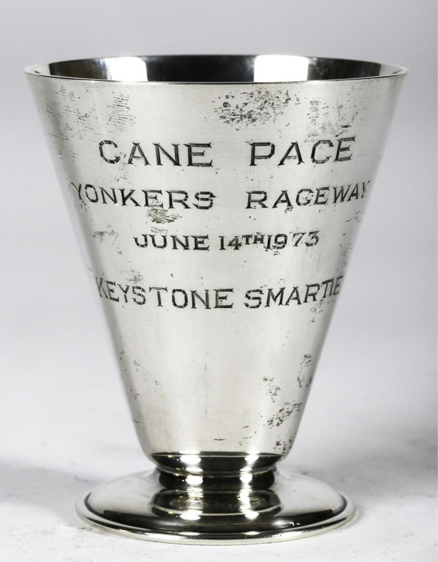 1973 CANE PACE YONKERS RACEWAY KEYSTONE SMARTIE: June 14th, 1973. Footed cup sterling silver presentation trophy. unmarked. 3 inches. 2.37 troy ounces