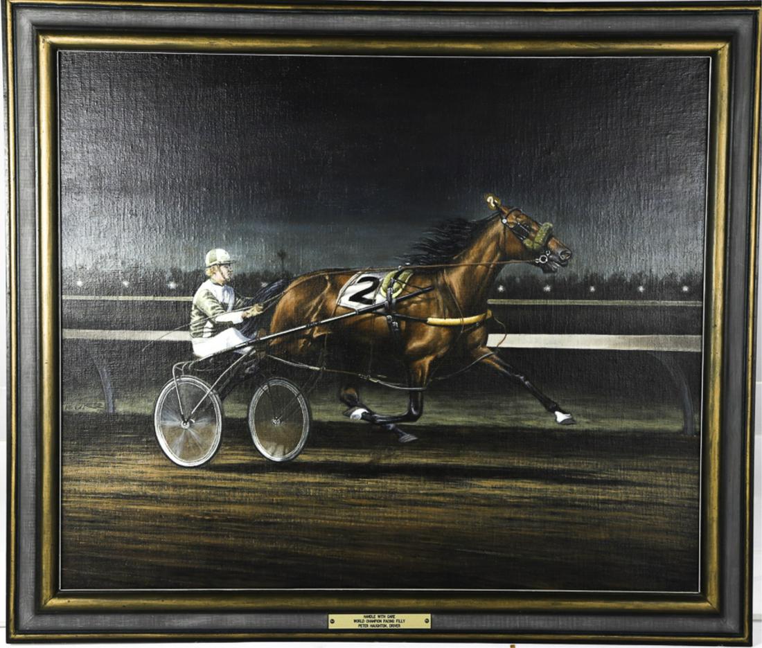 WORLD CHAMPION HANDLE with CARE & PETER HAUGHTON: Driver. oil on canvas laid to panel 24 x 28 inches. signed and dated 1974. framed 28 x 32 inches (overall) Note:(William Allen “Bill” Orr was a renowned equine equine artist, particularly Standard