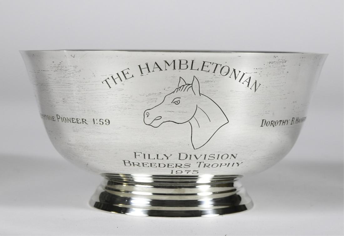 1975 HAMBLETONIAN FILLY DIVISION BREEDERS TROPHY: Keystone Pioneer 1:59, Dorothy B. Haughton Breeder. Old Newbury Crafters presentation P. Revere, Sons of Liberty Reproduction sterling silver bowl. 3 x 6 inches. 9.48 troy ounces.