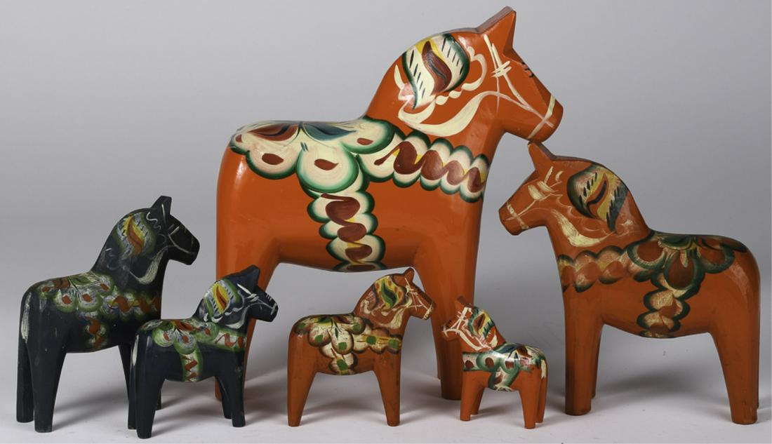 (6) SWEDISH DALA HORSES: by Nils Olsson etc. 3 to 9 1/2 inches.