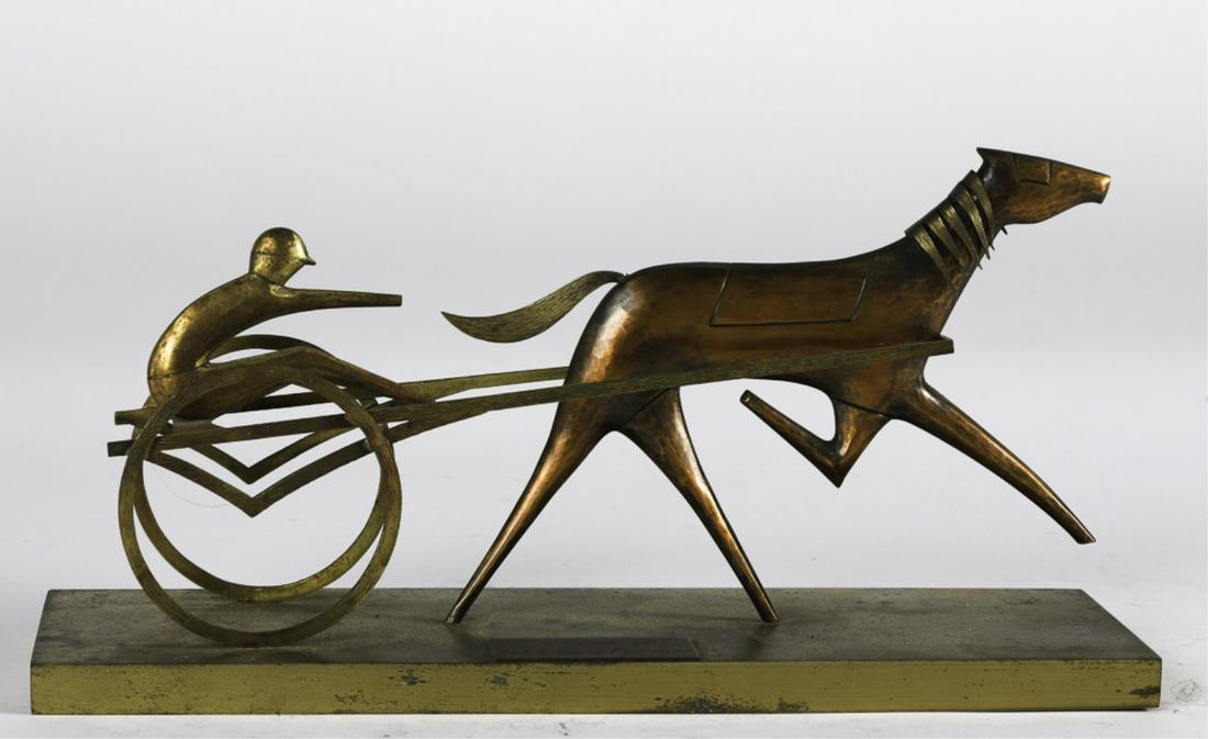 1977 TROT "PRESTIGE" BLUE BONNET TROPHY: by F. Defenfe Montreal. brass and copper 5 3/4 x 11 x 4 inches. Won by Billy Haughton