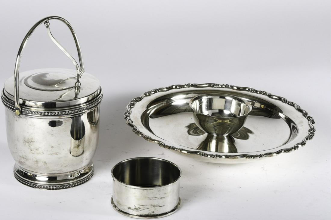 (3) HARNESS RACING PRESENTATION TROPHIES: Including: William A. Rogers shrimp tray with well. 15 1/2 inches. Ice Bucket with cantilever cover and a wine coaster made in Italy. silver plate