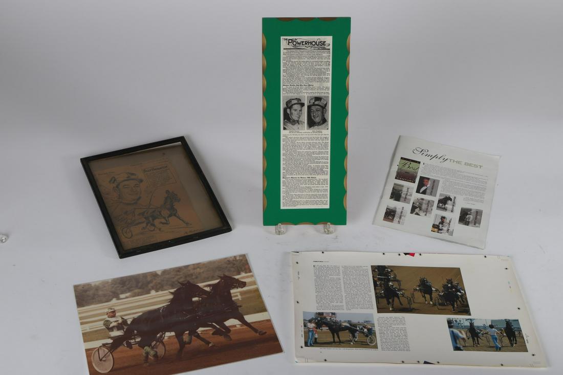 BILLY HAUGHTON CLIPPING and PERSONAL MEMORABILIA: Including: Reproduction of "The Powerhouse" by Jimmy Powers standing display. printed cloth laid to chip carved panel. 17 1/2 x 7 1/2 inches. July 12, 1957 Billy Haughton cartoon clipping, laminated c
