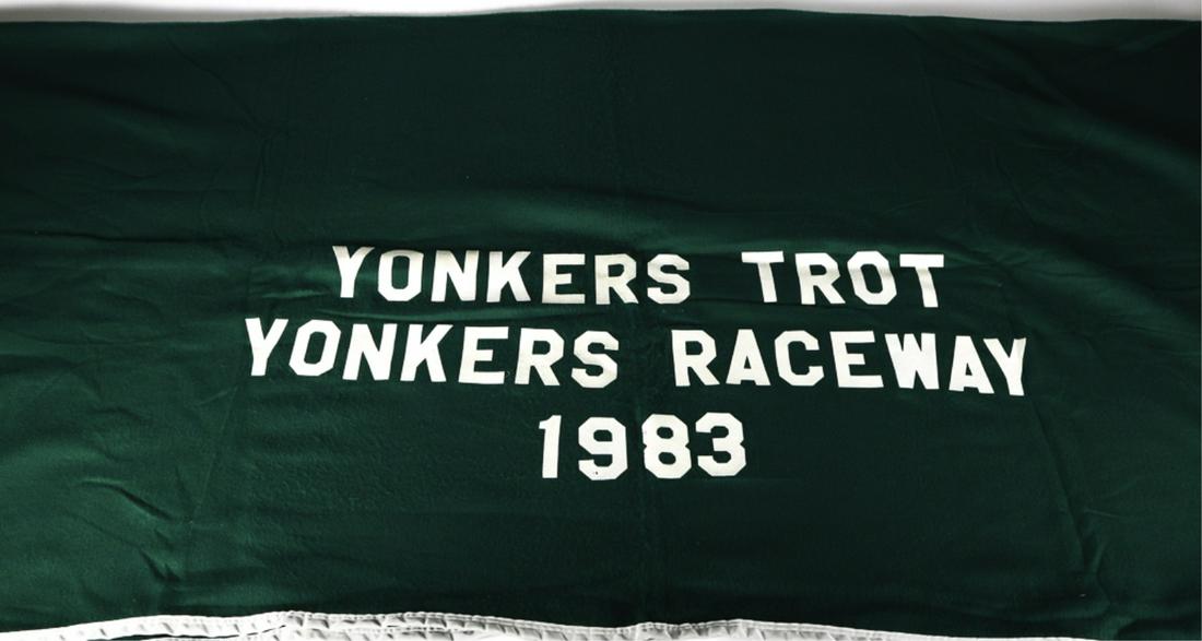 1983 YONKERS TROT YONKERS RACEWAY COOLER: Nylon bound felt on felt 90 x 96 inches