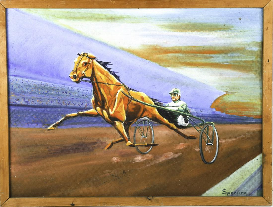 BILLY HAUGHTON DRIVING by MARTHA SPERLING: Oil on masonite 18 x 24 inches. signed Sperling. framed.