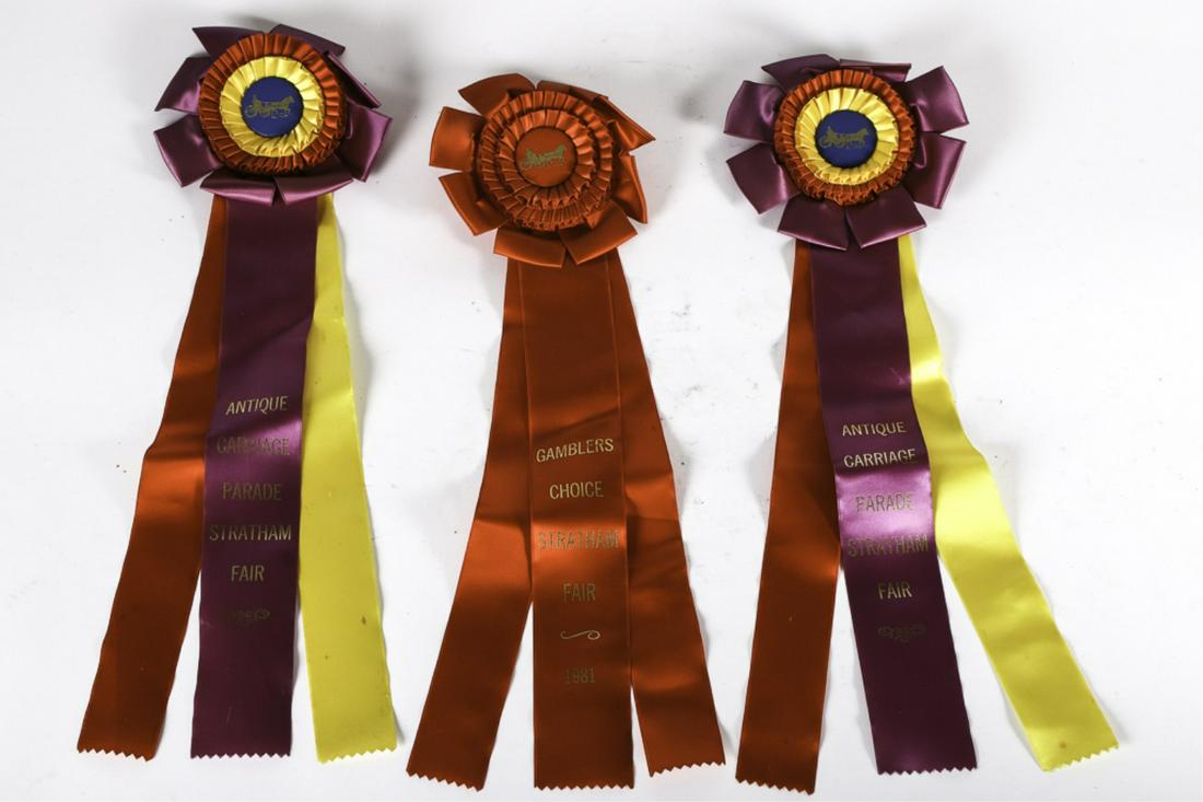 1981 (3) STRATHAM FAIR RIBBONS: Antique Carriage Parade "Smokey" , Gambler's Choice (Mr. Haughton in the Obstacle Race and Antique Carriage Parade "Dr. Dewars" . 24 inches