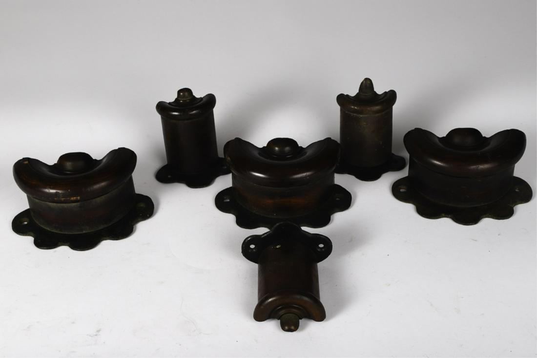 (6) CAST IRON AND WOODEN BRIDLE BRACKETS: 3 1/2 x 6 x 3 inches (and smaller). Provenance: W.R. Haughton Stables