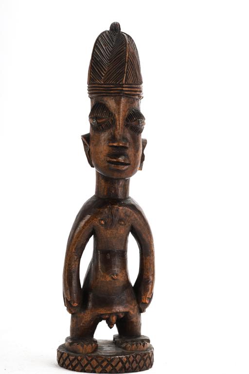 PAIR WEST AFRICAN OUBEJI TWINS PREGNANCY FIGURES: c1960s-1970s. Carved wearing headdresses. 11 inches.