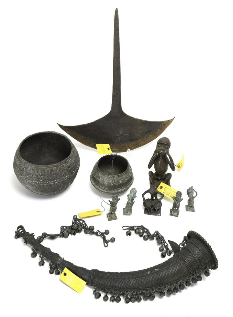 (9) PIECES of WEST AFRICAN METALWARES: Bronze horn ornamented with small bells, (2) bronze food containers. figure of an ape and (5) West African "Gold weights". 15 inches (and under)