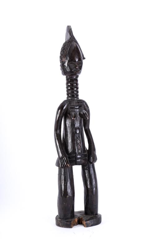 OLDER WEST AFRICAN STANDING FIGURE OF A FEMALE: (Early to mid 20th c) Probably Angi With scarification to the belly, elongated neck and rafia skirt. 27 inches