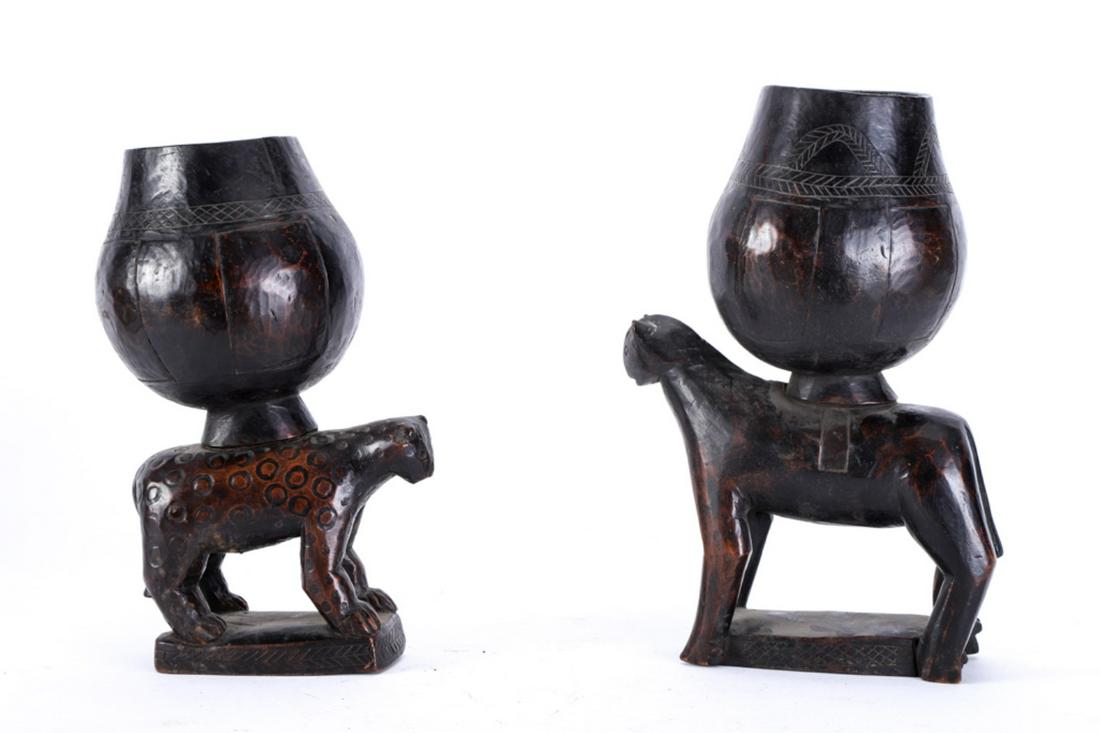 (2) WEST AFRICAN FOOD VESSELS ON LEOPARDS: (Early to mid 20th c) Each carved from a single piece of wood. 14 1/2 and 13 inches.