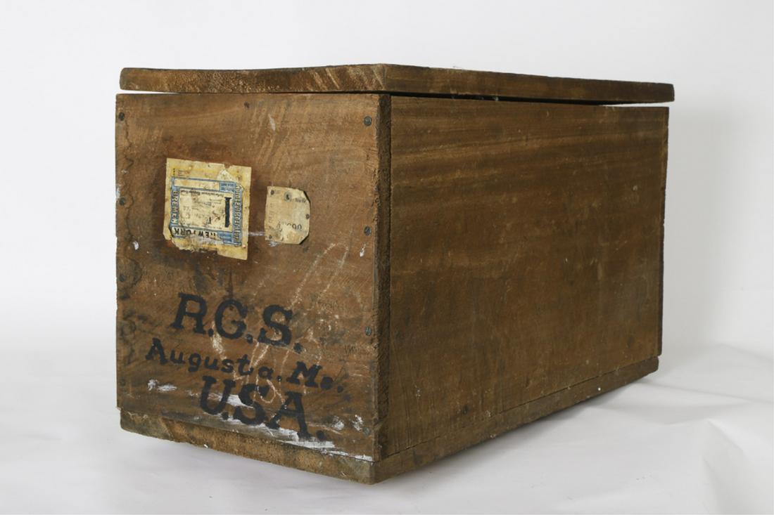 1924 HEAVY AFRICAN MAHOGANY SHIPPPING CRATE: (6) Board chest addressed to R.G. Stubbs Augusta, Maine. USA. . Norddeutscher Lloyd Bremen to New York Shipping label. 22 1/2 x 38 x 19 inches.