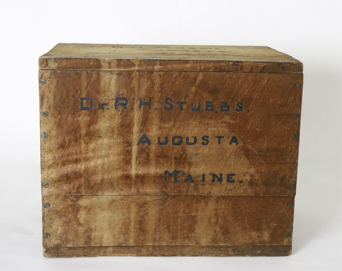 1924 HEAVY AFRICAN MAHOGANY SHIPPPING CRATE: (6) Board chest addressed to R.G. Stubbs Augusta, Maine. USA. Remnants of the original shipping label. 18 x 22 1/2 x 15 inches.