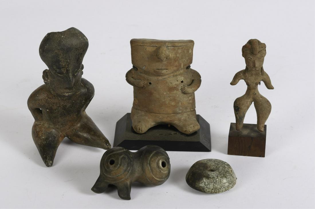(5) PRE COLUMBIAN ANTIQUITIES ANCIENT MEXICO: Including: Colima figurine, Chinesco female figurine, a small vessel of a bird, a well carved stone disk with hole and a 5th example. 5 3/4 inches (and under)