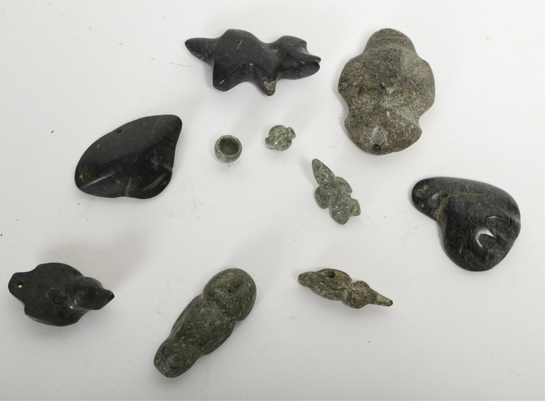 (10) SMALL GUERRERO MEXCALA STONE CARVINGS: Including: Maskette, standing figure, bird pendent and several others. 2 3/4 inches (and under not including stand)