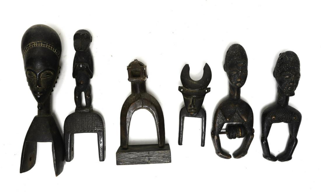 COLLECTION OF (6) SLINGS and SPOOLS: (Early to Mid 20th c) Including: Fine examples of Fang, Senufo, monkey, human heads, ox. 10 inches (and under)