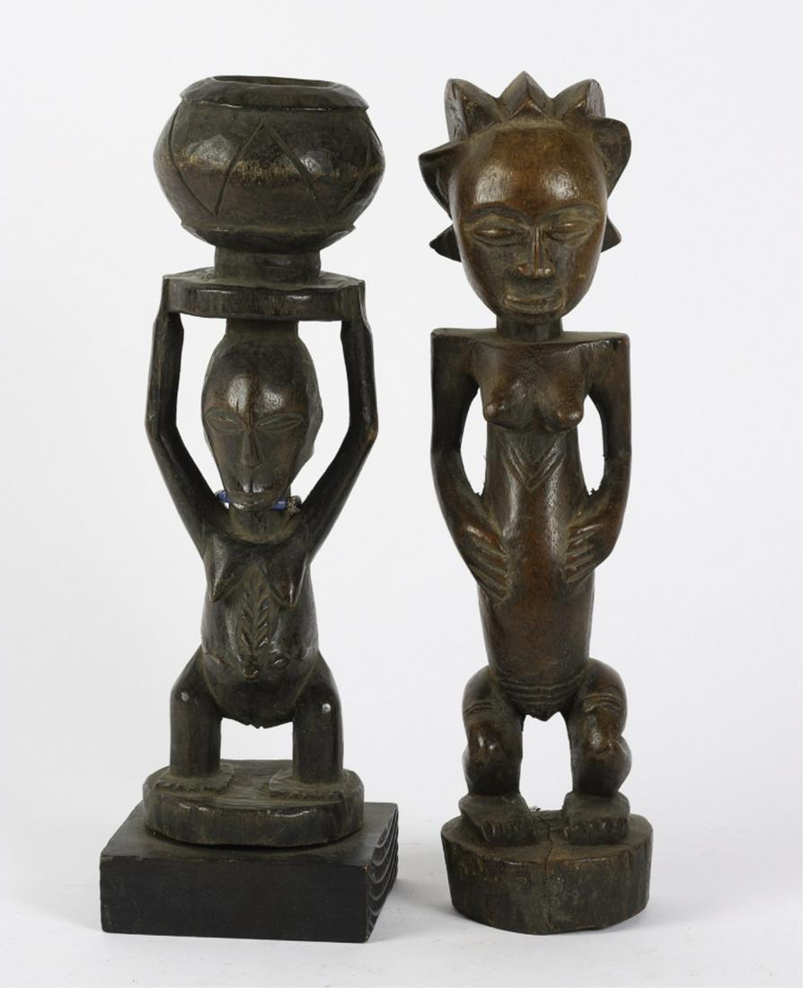 (2) CENTRAL AFRICAN FEMALE FIGURES: (1) Luba / hands on belly and (1) with basket on head. 15 1/2 inches (approx)