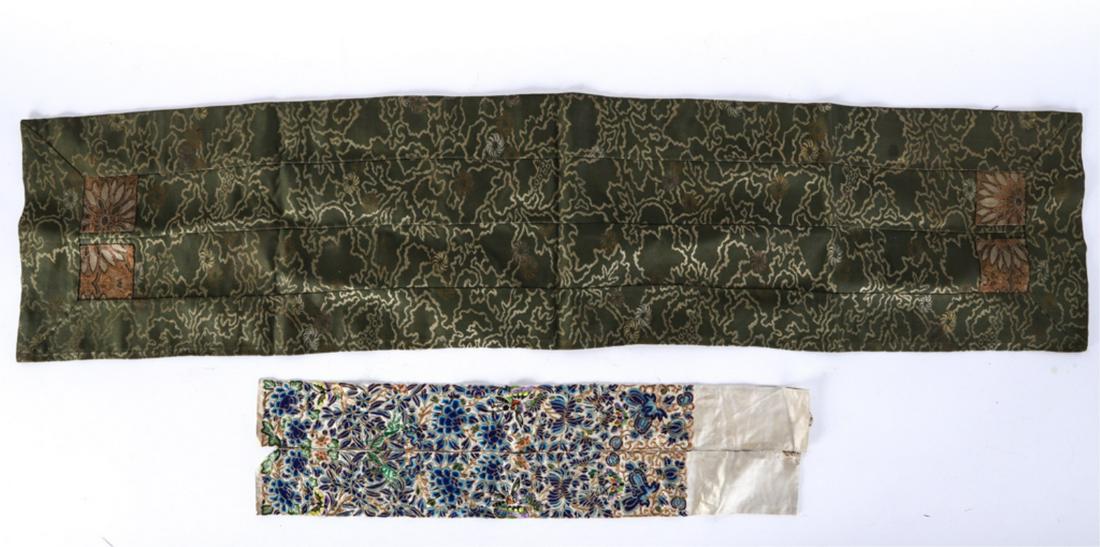 (2) ASIAN SILK TEXTILES and a BEADED PENDANT: (1) Pair of book-matched sleeve cuffs with butterfly and floral motifs incorporating gold thread. 25 inches. (1) Table scarf incorporating (6) 2 3/4 inch bands of fabric. 48 inches.