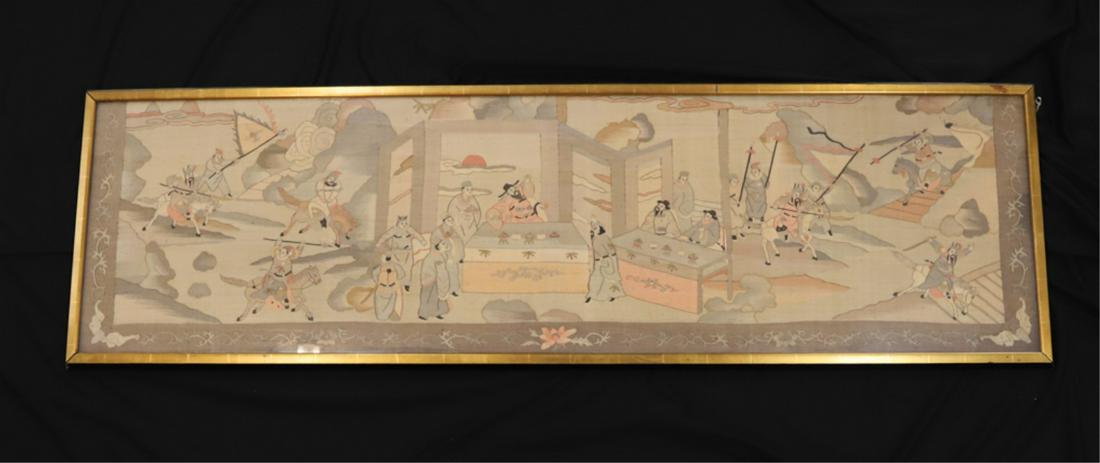 CHINESE WOVEN and EMBROIDERED TAPESTRY: Depicting the home of a wealthy mogul flanked by guards on horseback within landscapes. woven pigmented silk embellished with pen and ink and embroidered with gold and colored thread. 20 1/2 x 69 inch