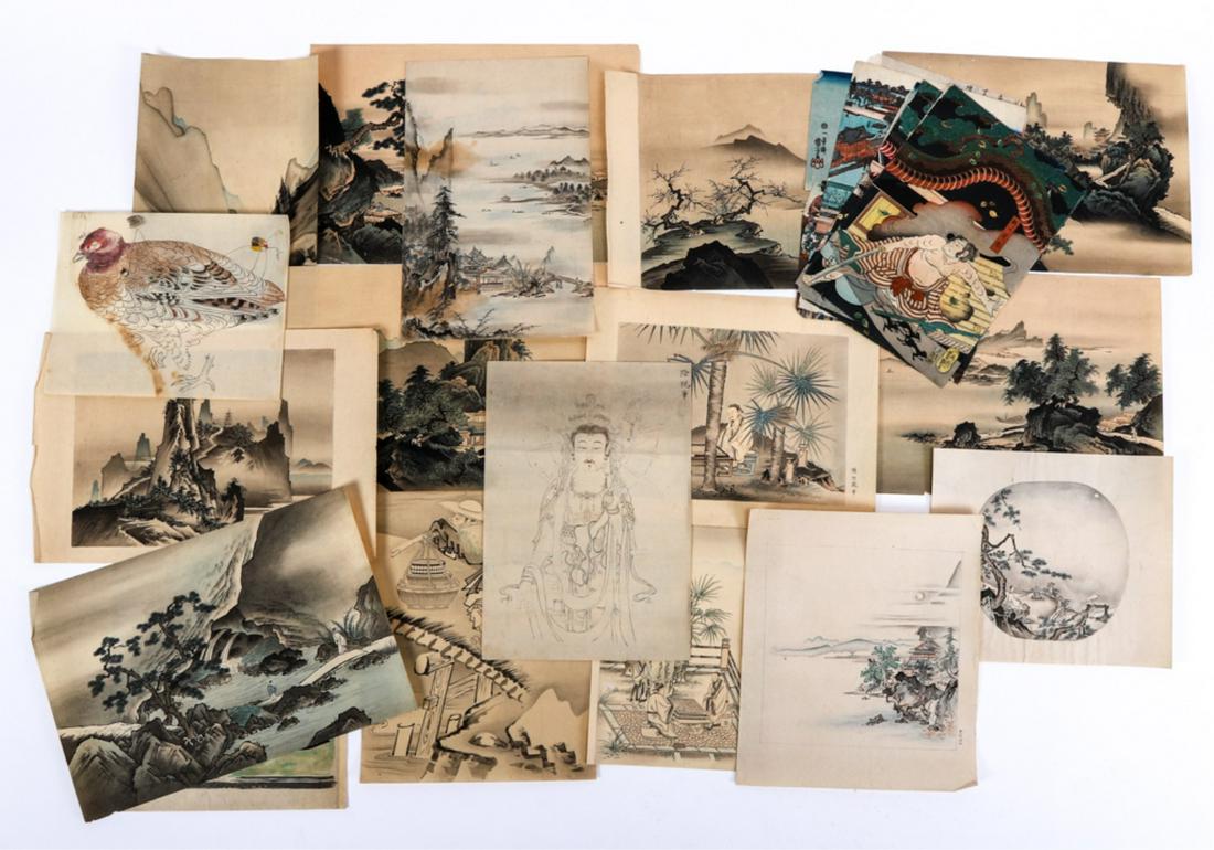 (24) JAPANESE WOODBLOCK PRINTS: Including: Figural, landscapes, occupational, gaming, cityscapes, dragons hens etc. 18 x 12 inches to 12 1/2 x 9 1/2 inches.