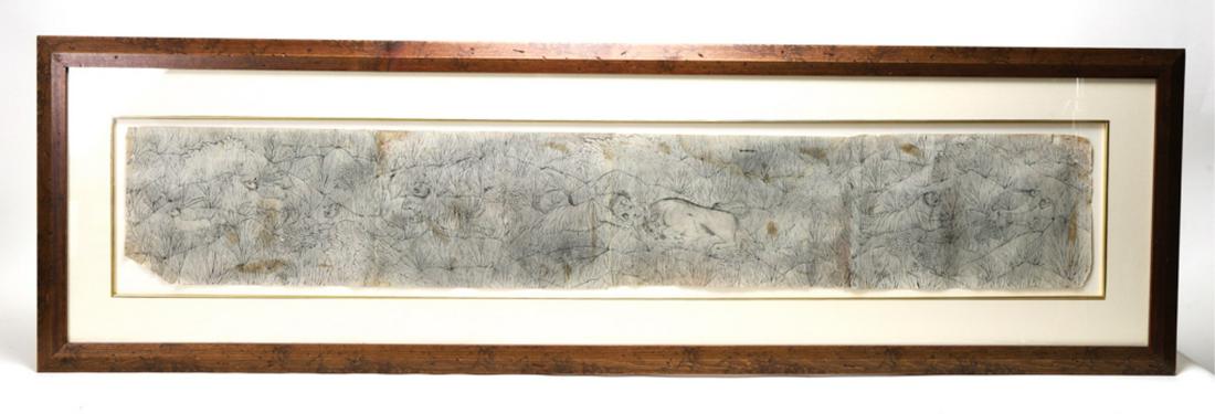 (19th c) SOUTHEAST ASIAN DRAWING of TIGERS: Depicting tigers embattling antelope in an elaborate landscape. pen and ink on (4) connected pages. 8 1/2 x 53 inches. framed 18 x 62 1/2 inches (overall)