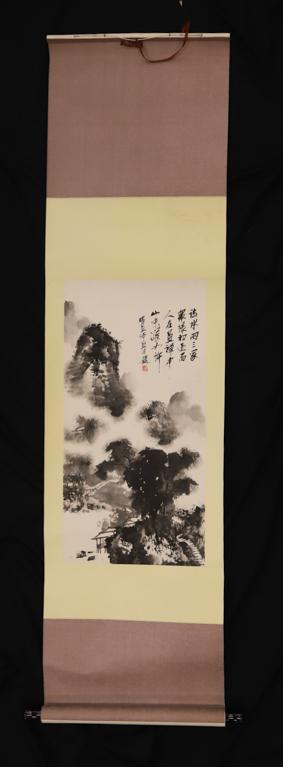 SIGNED CHINESE BLACK and WHITE LANDSCAPE PAINTING: on scroll, signed on box. 27 x 13 inches mounted.