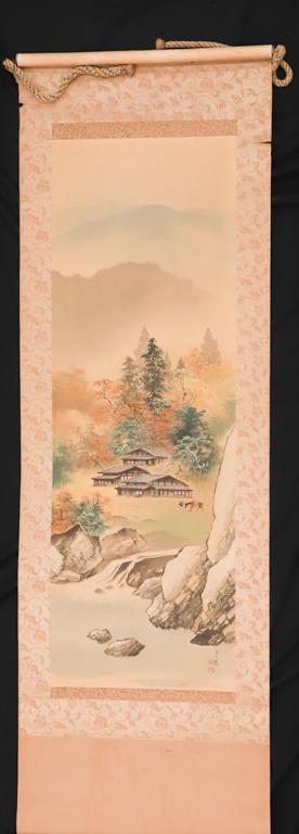 (19th c) CHINESE SCROLL HAND PAINTED LANDSCAPE: with buildings and man with horse, signed bottom corner. Has original wooden box. 41 x 14 inches