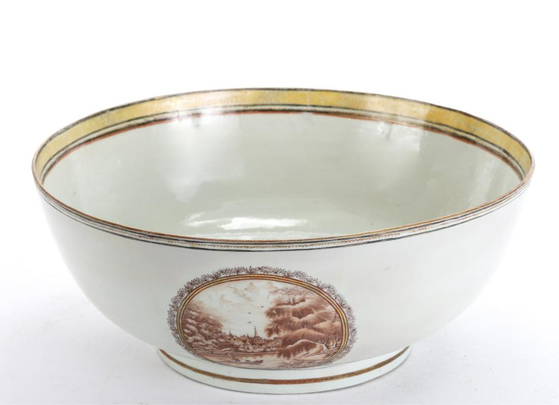 (18th c) CHINESE EXPORT PORCELAIN PUNCH BOWL: Hand painted with vignettes of travelers within romantic landscapes. 6 x 14 1/2 inches