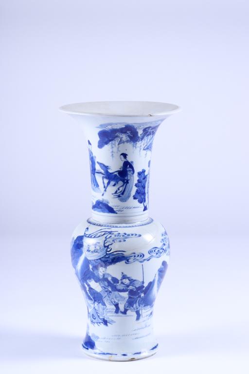 CHINESE PORCELAIN BLUE & WHITE VASE: Hand painted with warriors, figures and deer. 17 inches.