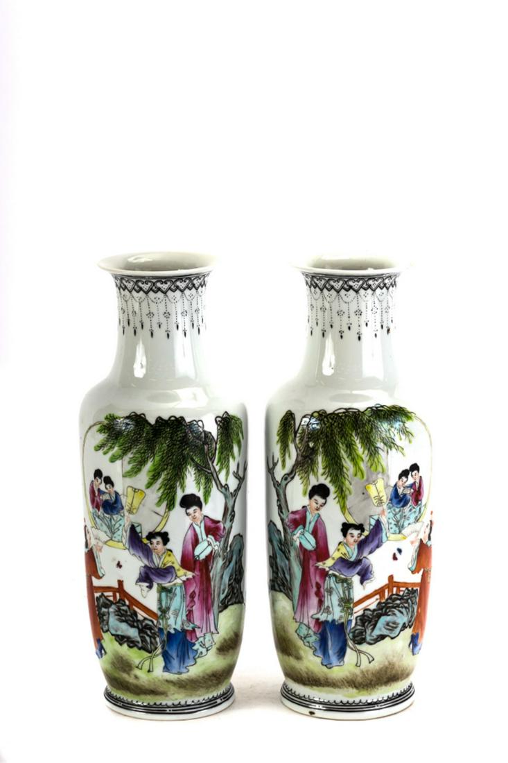 PAIR of HANDPAINTED CHINESE PORCELAIN VASES: Signed on bottoms and on back side of vases
