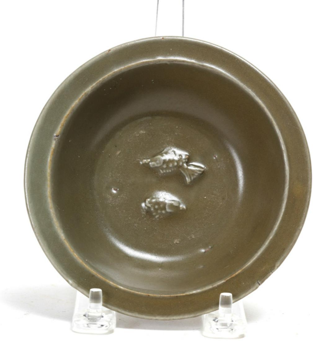 YANN DYNASTY CELADON TWIN FISH DISH: the center of the dish has (2) fish in relief swimming in opposite directions (representing marital bliss). 5 inch dia