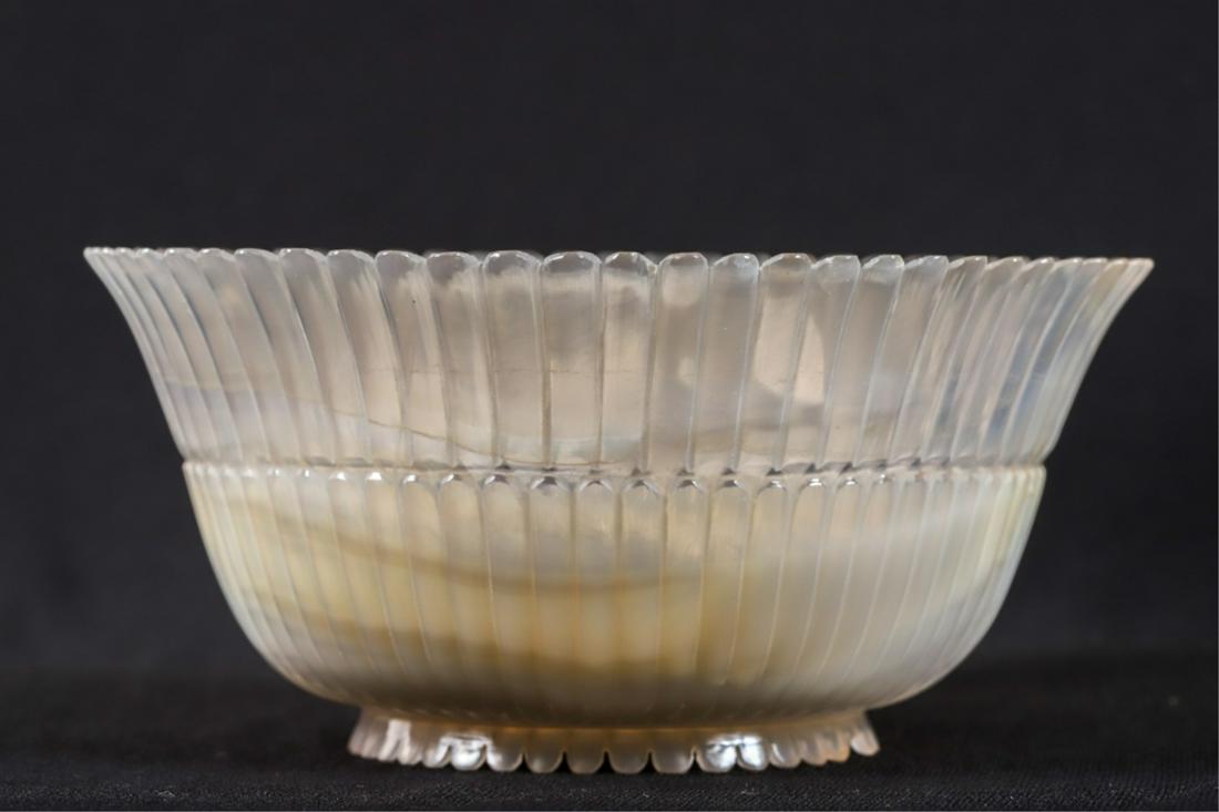 VERY RARE CHINESE CHALCEDONY AGATE FLOWER BOWL: Carved with (2) rows of petals and petal foot. 2 3/4 x 5 3/4 inches.