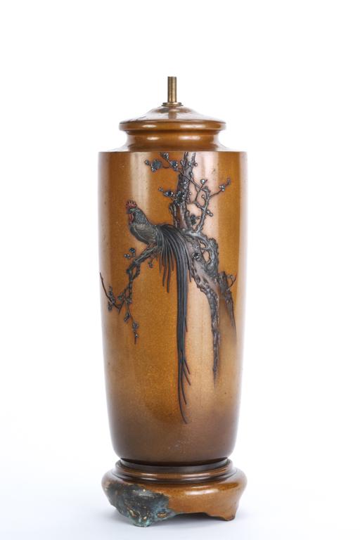ANTIQUE JAPANESE MIXED METAL BRONZE LAMP BASE: Rooster in Prunis Tree. bronze inlaid with enameled silver. 16 inches. signed.