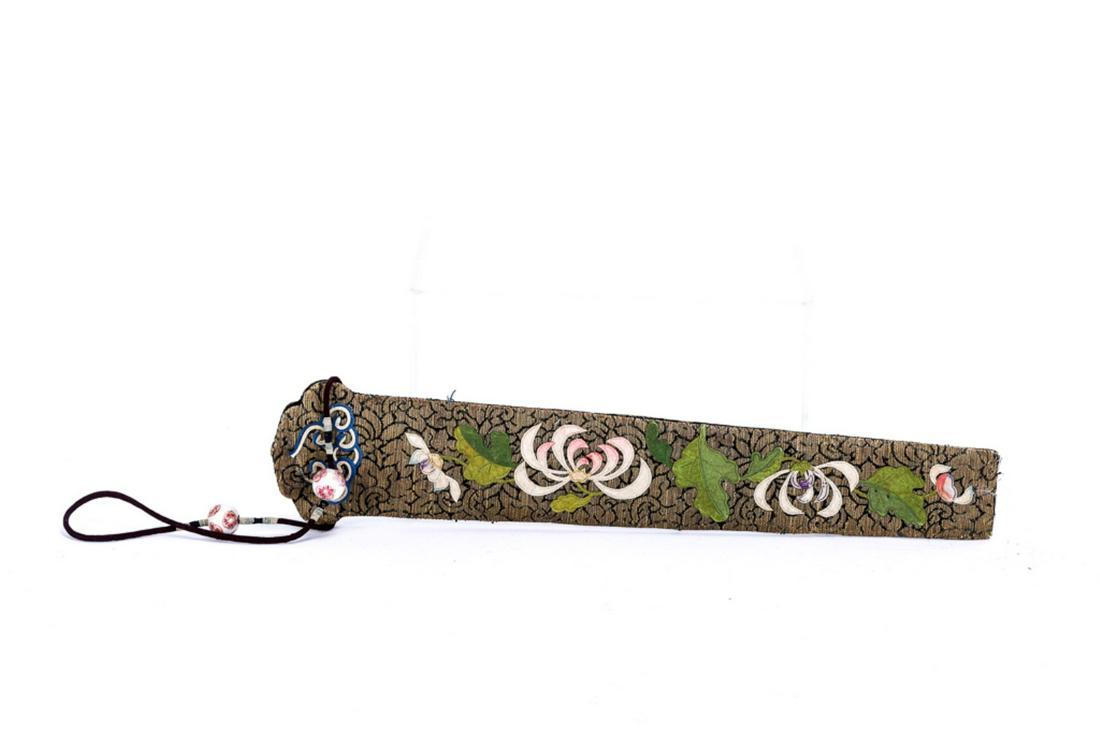 ANTIQUE CHINESE EMBROIDERED FAN HOLDER: Applied with leaf and floral motif and hand painted porcelain beads. Beaded string handle. 12 inches.