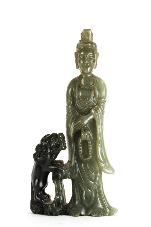 CHINESE CARVED JADE FIGURAL GROUPING: Woman holding pearls next to a temple dog. unsigned. 6 1/4 inches.