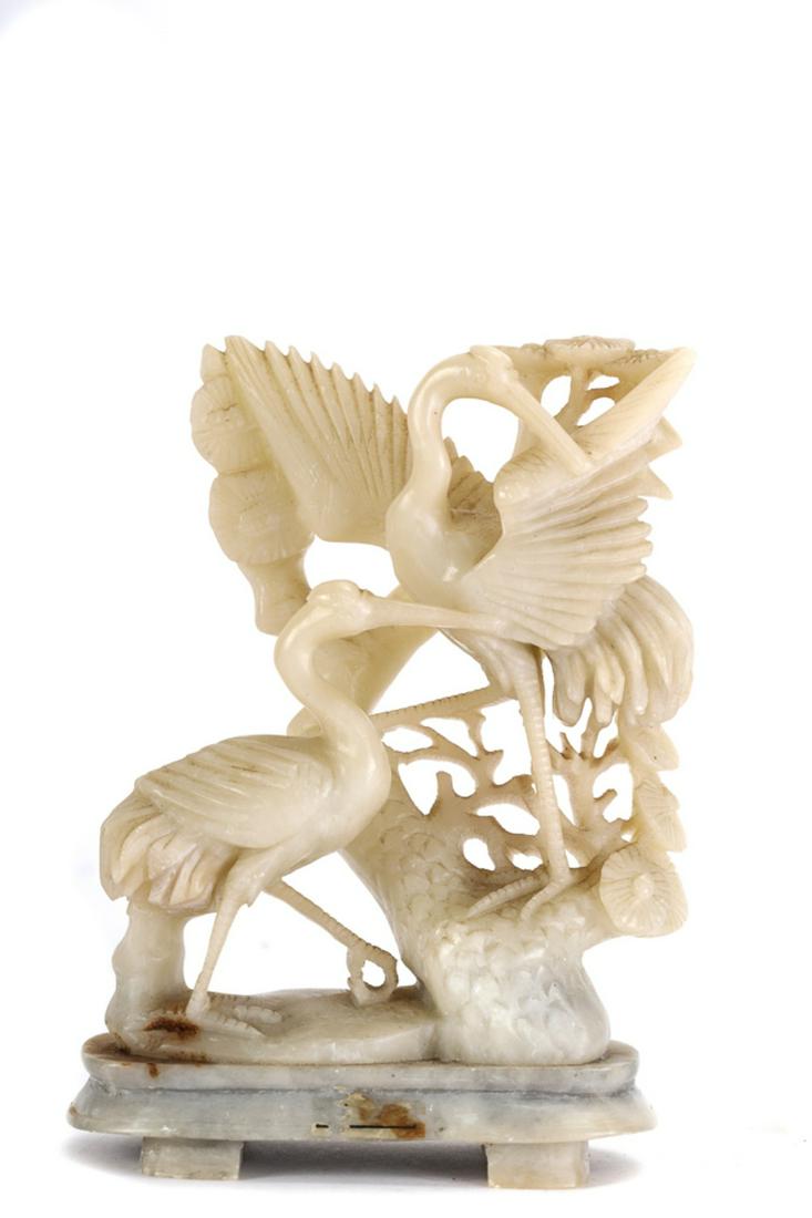 CHINESE WHITE AGATE CARVING of CRANES and a BRANCH: (19thc) 7 inches (including base)