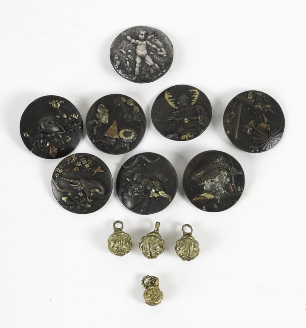 GROUPING OF JAPANESE (7) BRONZE MIX METAL BUTTONS: 1 1/4 inches. Together with a British sterling example with a cherub and (4) Japanese gilt ball examples.