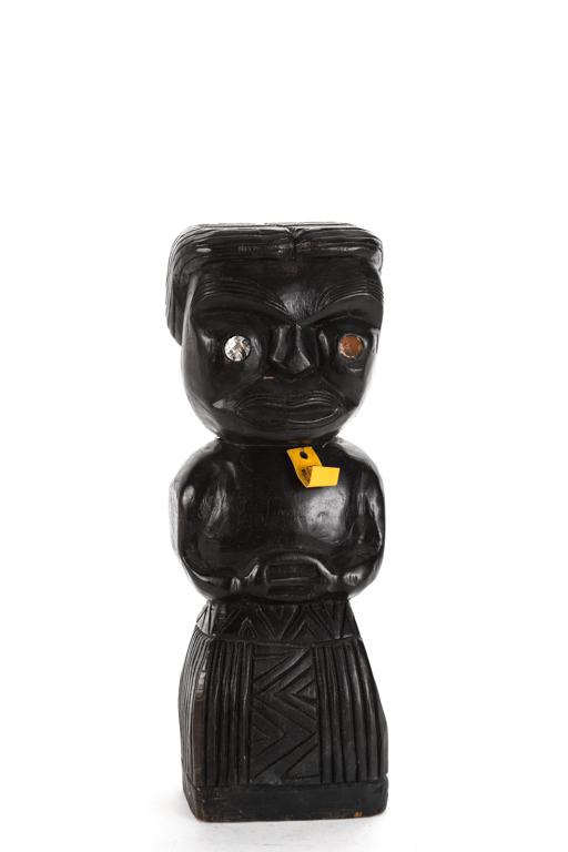 POLYNESIAN STANDING FIGURE OF A DEITY: c1960. Adorn with mother of pearl eyes. 16 1/2 inches