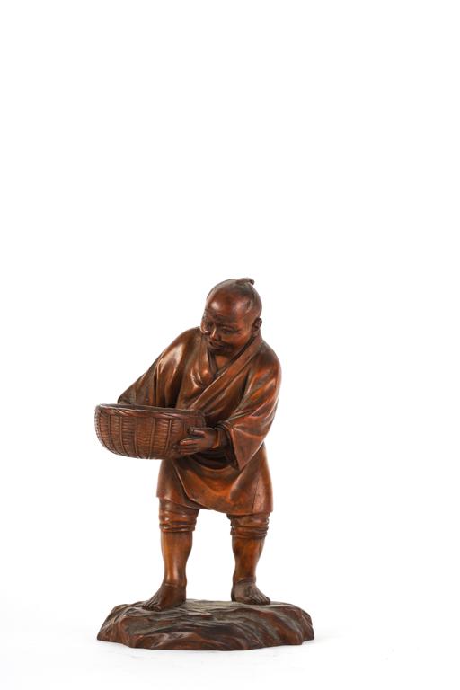 SIGNED JAPANESE HARD WOOD CARVING of MAN & BASKET: 5 inches. signed under base