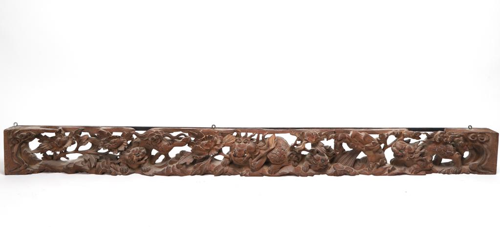 ANTIQUE CHINESE ARCHITECTURAL WOOD CARVING: of Foo Dogs and Flowers, Food dogs have glass eyes. 59 l x 5 1/4 w inches