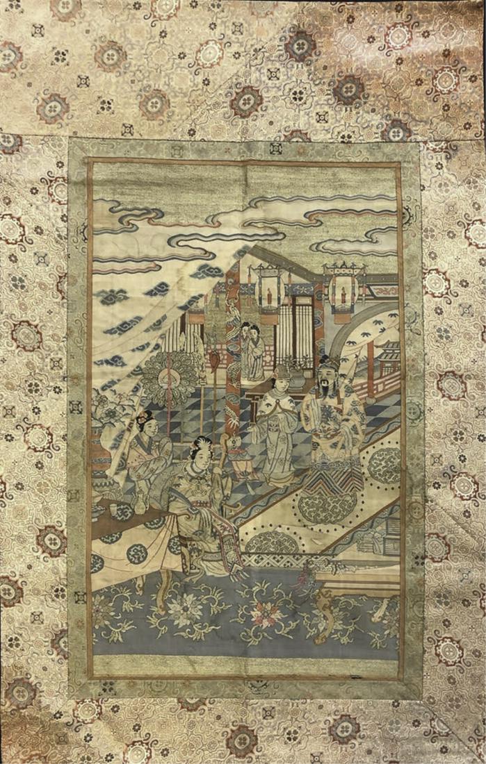 (19th c) CHINESE EMBROIDERY: Depicting a mughal family household with lanterns and swords, incorporating metallic threads. 42 x 27 inches (overall) Condition: Good, stains to boarder, light water stains to image Temp No 100c