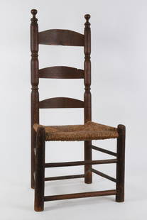 (Late 17th c) Three Slat Ladder Back Chair: Dry ash finish, sausage turned posts. 15 ½ inch seat. 39 ½ inches (overall)