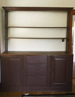Step Back Pewter Cupboard: (2) Shelf molded top section over, a (19th c) cabinet with two drawers, flanked by (2) cabinet doors. 85 x 71 x 17 ½ inches. Note: The top section was custom made by Bob Betcher and is signed