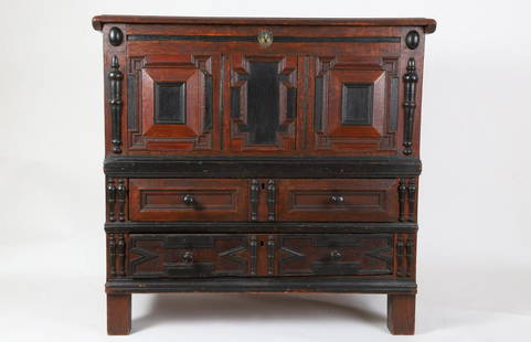 Pilgrim Century (2) Drawer Blanket Chest: (Late 17th c) Joyned (2) drawer oak spindle chest 36 ½ x 37 ½ x 20 inches.